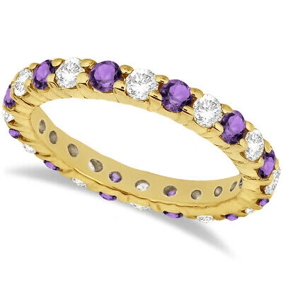 Pre-owned Allurez 2.40ct Stackable Eternity Diamond & Amethyst Ring Wedding Band 14k Yellow Gold