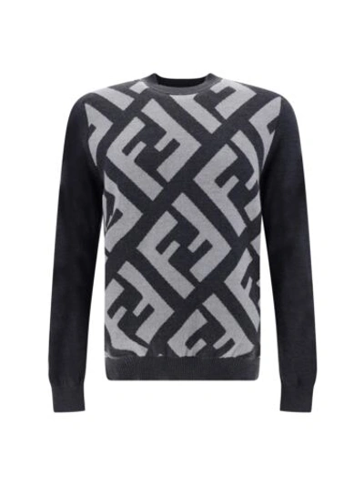 Pre-owned Fendi Men Gray Sweater 100% Wool Monochrome Pattern Long Sleeves Casual Pullover