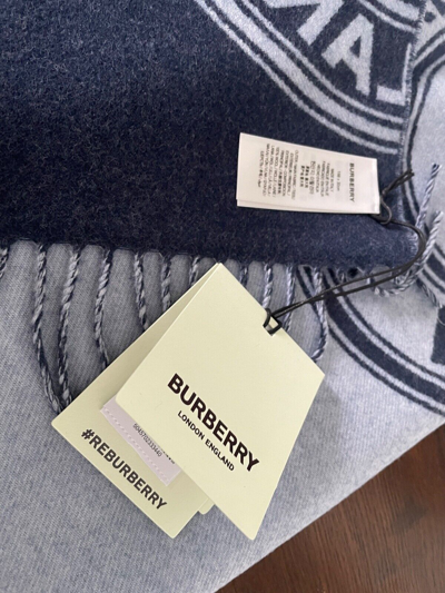 Pre-owned Burberry Roundal Scarf, 100% Wool, Reversible Navy Blue And Light Blue Logo