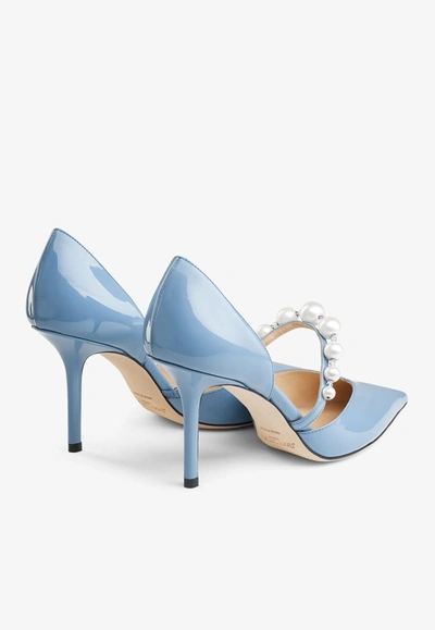 Shop Jimmy Choo Aurelie 85 Pearl Embellished Pumps In Patent Leather In Blue