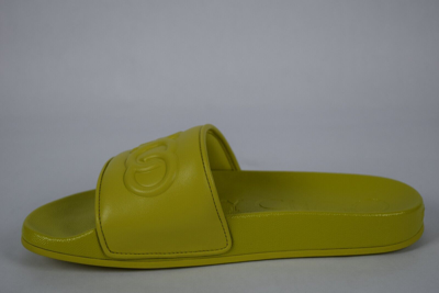 Pre-owned Jimmy Choo Azari Pool Slides Sz 38/8 Citron Sandals Flats Logo In Green