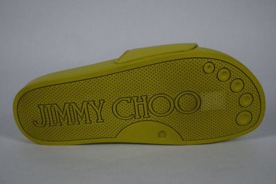 Pre-owned Jimmy Choo Azari Pool Slides Sz 38/8 Citron Sandals Flats Logo In Green