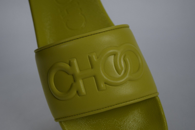 Pre-owned Jimmy Choo Azari Pool Slides Sz 38/8 Citron Sandals Flats Logo In Green