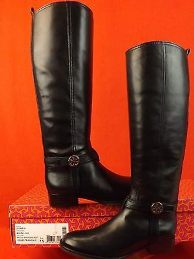 Pre-owned Tory Burch Bristol Black Leather Gold Reva Tall Harness Riding Boots 7.5
