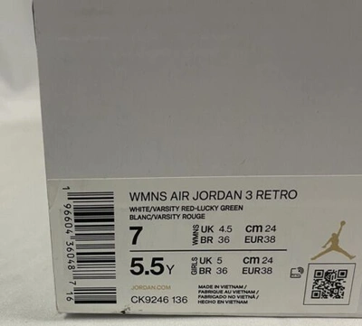 Pre-owned Jordan Nike Air  3 Retro Lucky Green White Sail Ck9246-136 Womens Size 7