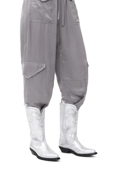 Shop Ganni Mid Shaft Embroidered Western Boots In Silver