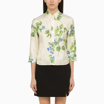 Shop Prada Talc-coloured Silk Shirt With Floral Pattern Women In White