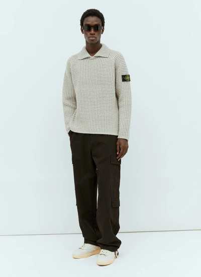 Shop Stone Island Men Spread Collar Wool Sweater In Cream