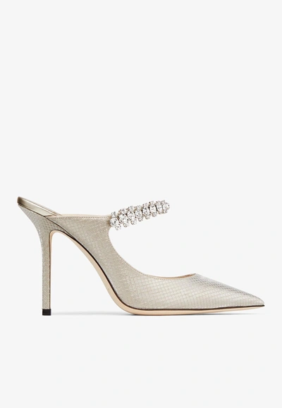 Shop Jimmy Choo Bing 100 Crystal-embellished Mules In Glitter Fabric In Champagne