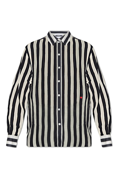 Shop Moschino Heart Embroidered Striped Shirt In Multi