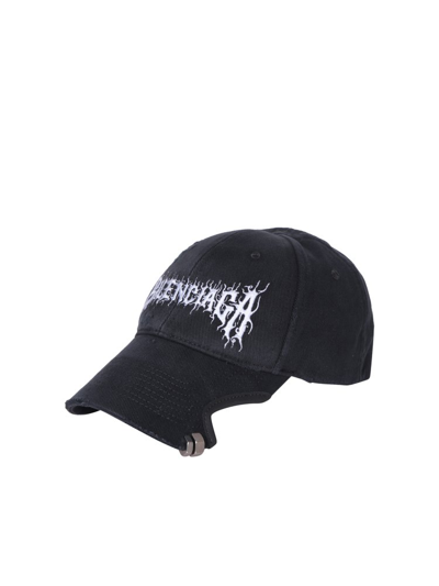 Shop Balenciaga Logo Embroidered Distressed Cap In Black