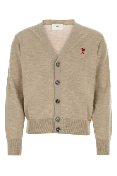 Shop Ami Alexandre Mattiussi Ami Logo Embroidered Buttoned Cardigan In Beige