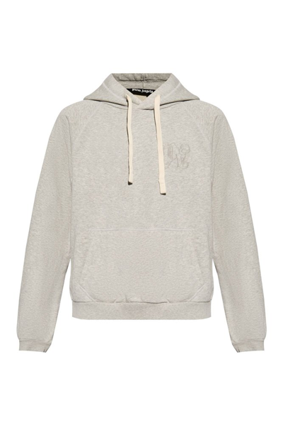 Shop Palm Angels Logo Embroidered Drawstring Hoodie In Grey