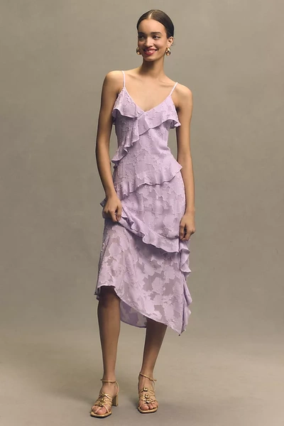 Shop Bhldn Kira Sleeveless Chiffon Ruffled Midi Dress In Purple