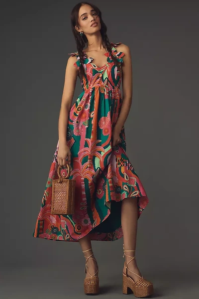 Shop Farm Rio X Anthropologie Pleated Palm Midi Dress In Multicolor
