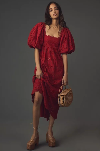 Shop Farm Rio X Anthropologie Pineapple Eyelet Puff-sleeve Square-neck Maxi Dress In Red