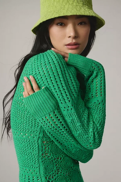 Shop Joie Deja Puff-sleeve Crochet Open-stitch Sweater In Green