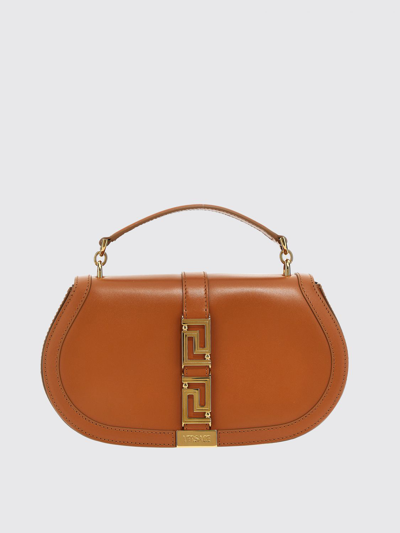 Shop Versace Greca Goddess Bag In Leather With Application In Brown