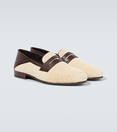 Shop Manolo Blahnik Padstow Leather-trimmed Raffia Penny Loafers In Beige