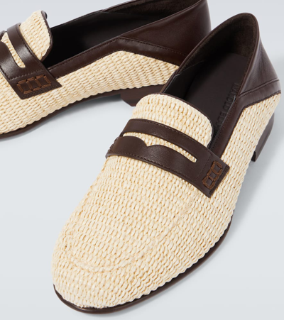 Shop Manolo Blahnik Padstow Leather-trimmed Raffia Penny Loafers In Beige