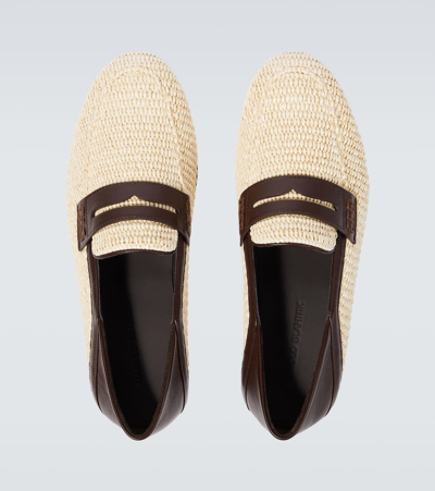 Shop Manolo Blahnik Padstow Leather-trimmed Raffia Penny Loafers In Beige