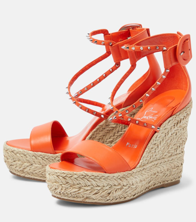 Christian Louboutin Leather Spikes Red Sole Wedge Espadrilles In Orange
