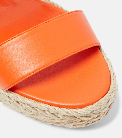 Christian Louboutin Leather Spikes Red Sole Wedge Espadrilles In Orange