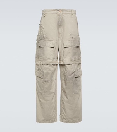 Shop Balenciaga Convertible Distressed Cotton Cargo Pants In New Beige