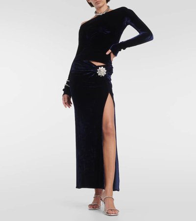 Rabanne Gathered Crystal-embellished Velvet Maxi Skirt In Navy Poseidon