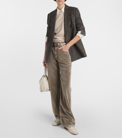 Brunello Cucinelli Mid-rise Cotton Velvet Straight Pants In Sage