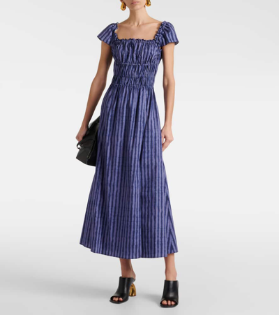 Shop Altuzarra Ruched Cotton-blend Midi Dress In Blue