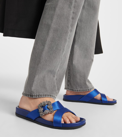 Manolo Blahnik Chilanghi Crystal Buckle Slide Sandals In Blue