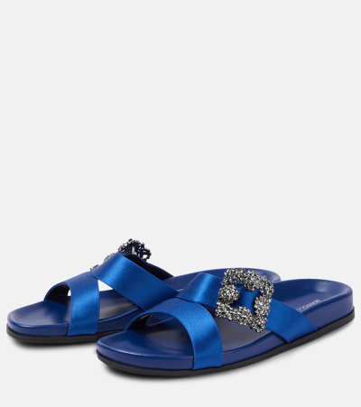 Shop Manolo Blahnik Chilanghi Embellished Satin Sandals In Blue