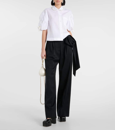 Simone Rocha Pleated Straight-leg Trousers With Pressed Rose Detail In Black
