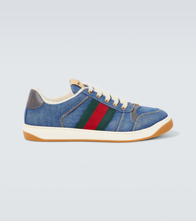 Shop Gucci Screener Denim Sneakers In Blue