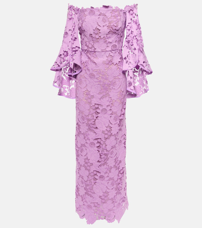 Shop Oscar De La Renta Floral Off-shoulder Lace Gown In Purple