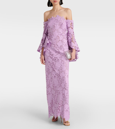 Shop Oscar De La Renta Floral Off-shoulder Lace Gown In Purple