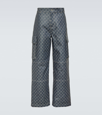 Shop Gucci Gg Jacquard Cargo Jeans In Blue