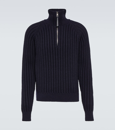 Shop Loewe Ribbed-knit Wool Half-zip Sweater In Blue