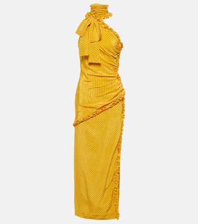 Alessandra Rich Bow-detailed Ruffled One-shoulder Polka-dot Silk Crepe De Chine Dress In Multicoloured