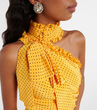 Alessandra Rich Bow-detailed Ruffled One-shoulder Polka-dot Silk Crepe De Chine Dress In Multicoloured
