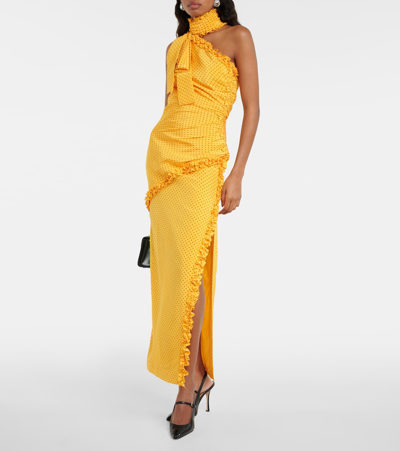 Alessandra Rich Bow-detailed Ruffled One-shoulder Polka-dot Silk Crepe De Chine Dress In Multicoloured