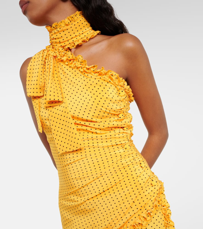 Alessandra Rich Bow-detailed Ruffled One-shoulder Polka-dot Silk Crepe De Chine Dress In Multicoloured