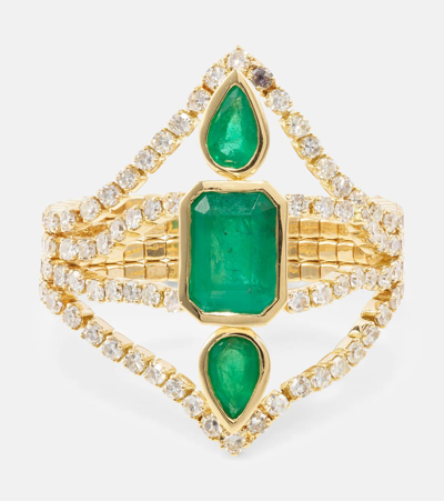 Shop Shay Jewelry Delicate Deco 18kt Gold Ring With Emeralds And Diamonds In Green