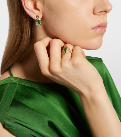 Shay Jewelry Delicate Deco 18kt Gold Ring With Emeralds And Diamonds In Green