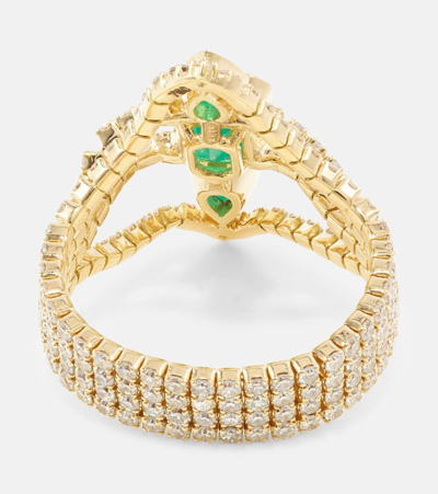 Shop Shay Jewelry Delicate Deco 18kt Gold Ring With Emeralds And Diamonds In Green
