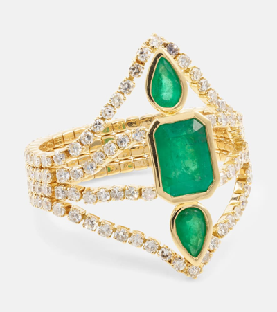 Shay Jewelry Delicate Deco 18kt Gold Ring With Emeralds And Diamonds In Green