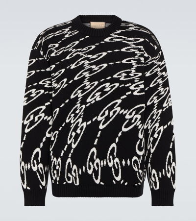 Shop Gucci Gg Jacquard Cotton Piqué Sweater In Black/ivory