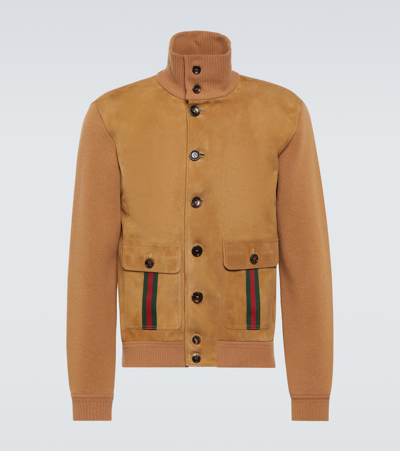 Shop Gucci Web Stripe Suede Bomber Jacket In Camel/mix