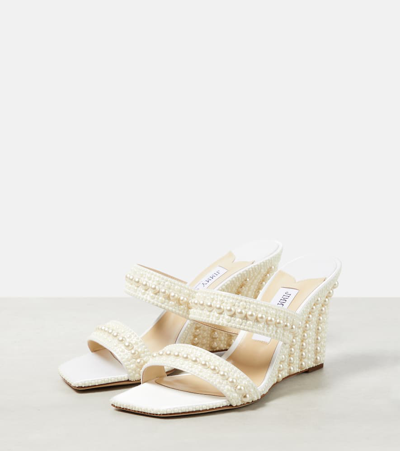 Jimmy Choo Sacoria Pearly Dual-band Wedge Sandals In White